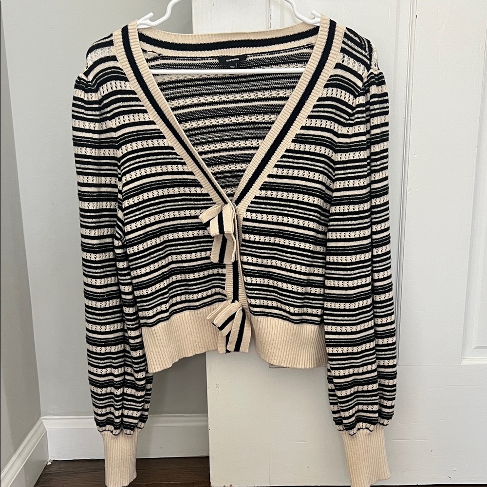 EXPRESS LARGE Striped Black and Cream Tie-Front Women's Sweater